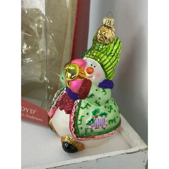 Vintage Fitz And Floyd Large 7 Inch Glass Christmas Ornament Snowman Horn Rck - Picture 8 of 11